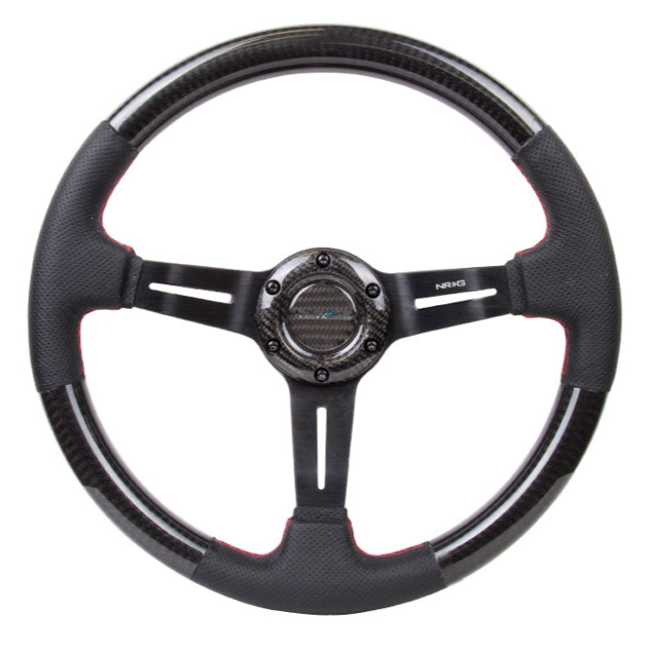 NRG Carbon Fiber Steering Wheel (350mm /1.5in. Deep) Leather Trim w/Red Stitch & Slit Cutout Spokes